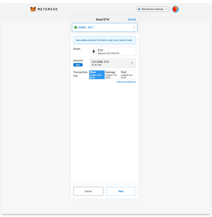 Enter the recipient’s address, the amount to send and choose transaction fee preference. Select “Next”